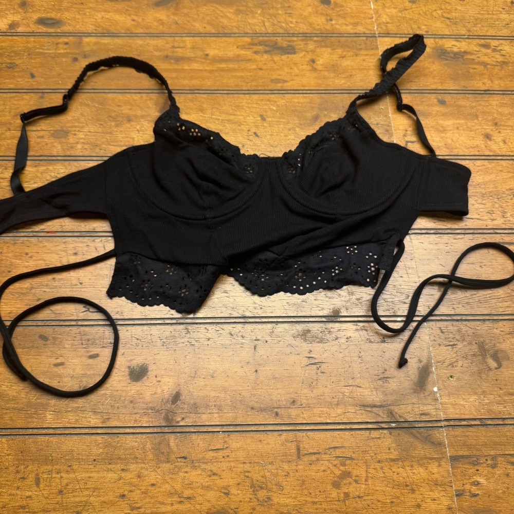 Colsie Black‎ Ribbed Lace Trim Longline Bralette Crop Top Bra M
